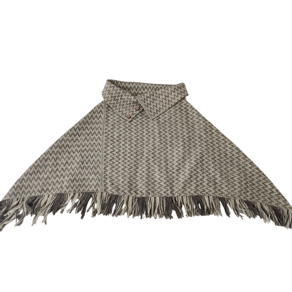 Handmade Beige/Grey Zig-Zag Woven Wool Poncho / Cape (one size)